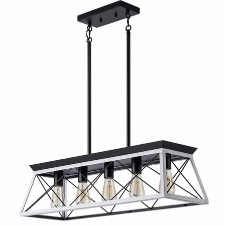 TICOZE 32" Black White Industrial 5-Light Pendant Chandelier, Modern Metal Cage Design, Adjustable Hanging Light for Dining Room, Kitchen, Living Room (No Bulbs)