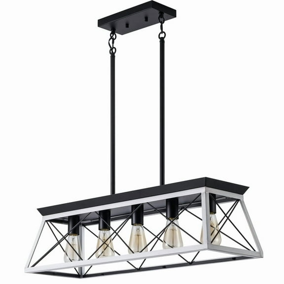 TICOZE 32" Black White Industrial 5-Light Pendant Chandelier, Modern Metal Cage Design, Adjustable Hanging Light for Dining Room, Kitchen, Living Room (No Bulbs)
