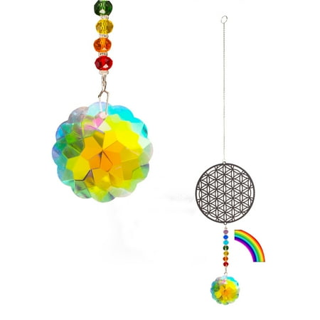 

Flower of Life Suncatcher Silver Hanging Crystal Wind Chimes Tree of Life Chakra Crystal Glass Angel Sun Catcher with Iris Effect for Home Garden Decoration Christmas Wedding Gift