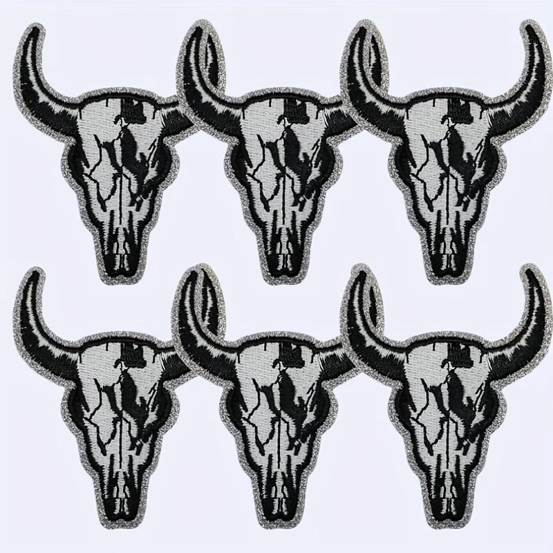 6pcs Glitter Bull Head Iron-On Embroidered Patches for DIY Clothing, Hats, Bags & Shoes