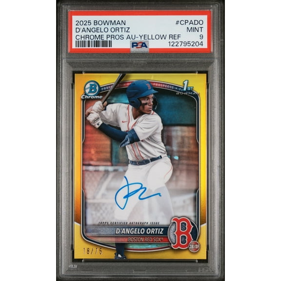 2025 Bowman Chrome Prospect Autograph Yellow Refractor Angel Ortiz #CPADO PSA 9