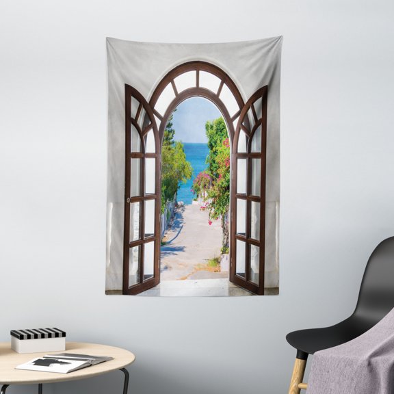 Beach Decor Tapestry, Ocean Sea View from Summer Italian Decor Home in Garden Image, Wall Hanging for Bedroom Living Room Dorm Decor, 40W X 60L Inches, Brown White and Light Blue, by Ambesonne