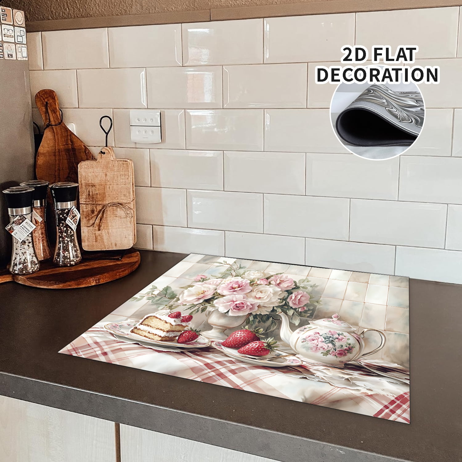 Kitchen Stove Top Cover Retro Floral & Strawberry  Design Gas Stove Top Cover for Home Decoration Kitchen Pad Non-Stick Washable Cooktop Covers Countertop Protector Keep Stove Clean Mat