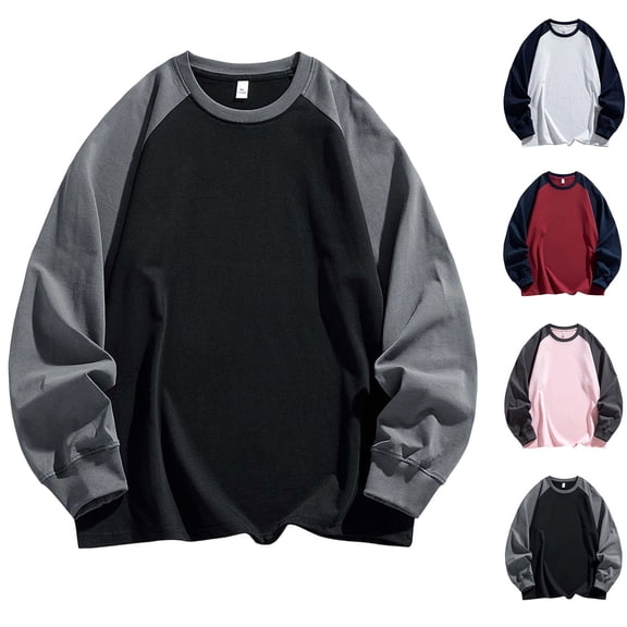 XRoczxe Men Raglan Color Block Long Sleeve T-Shirt, Casual Crew Neck Contrast Pullover Top, Loose Fit Basic Layer Shirt for Winter Daily Wear Black