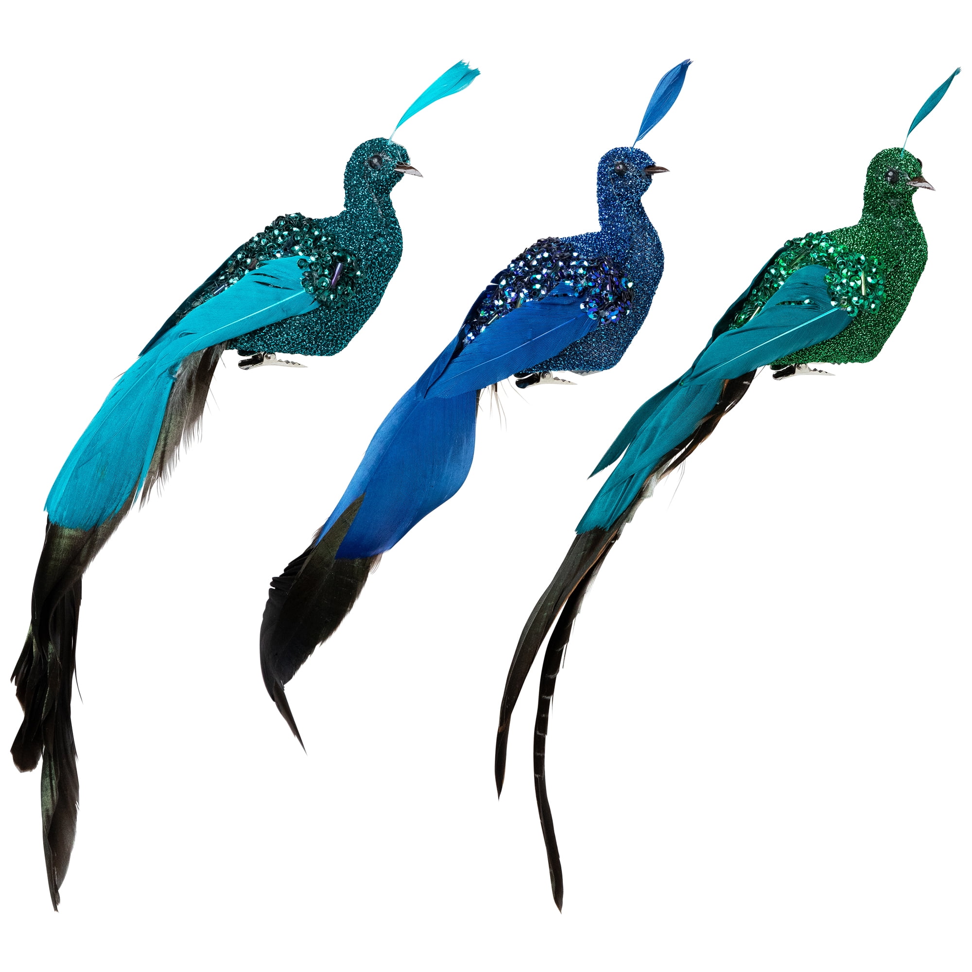 Sequin Peacock Clip-on Christmas Ornaments - 9" - Blue and Green - Set of 3