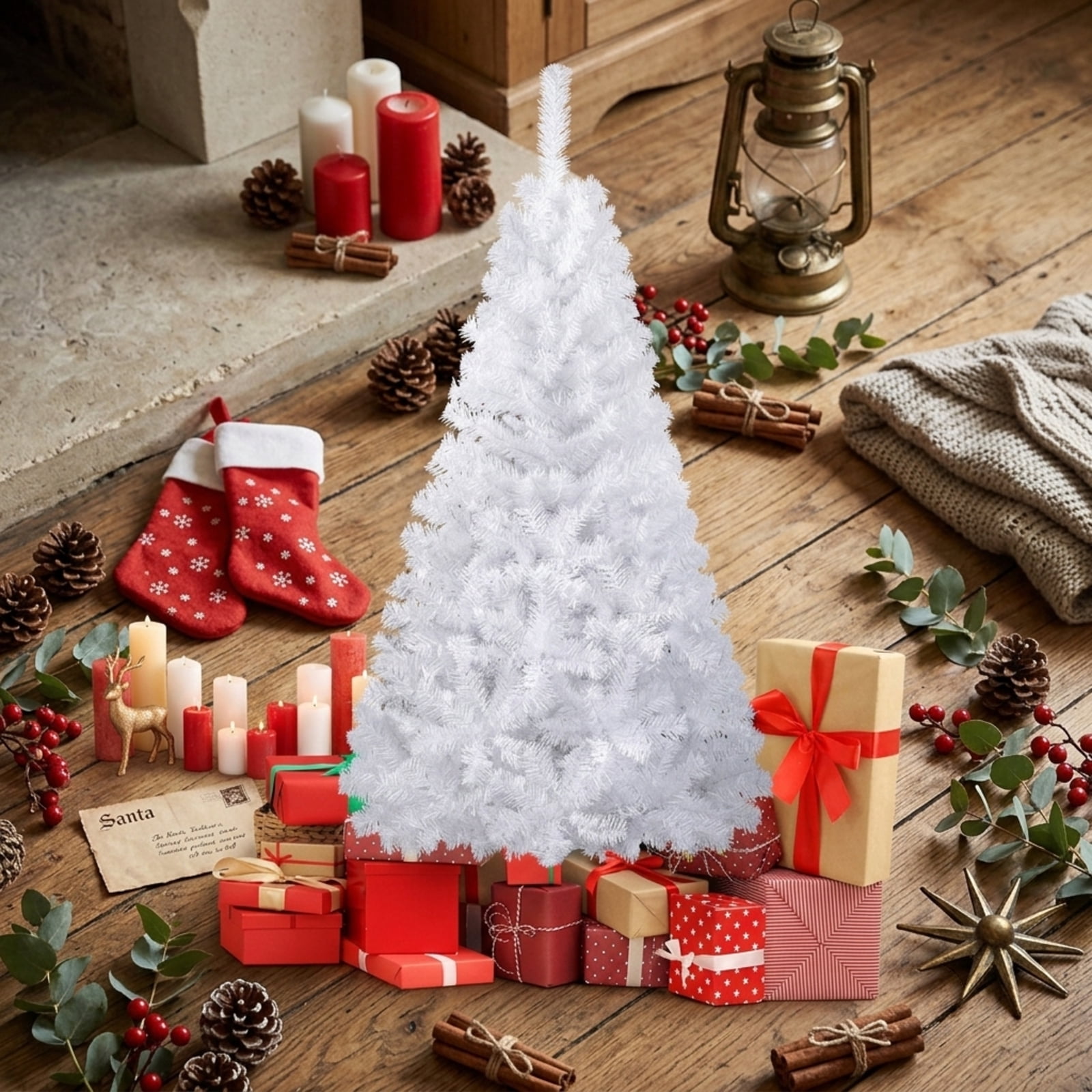 RUIE, 5 ft, Artificial Christmas Tree, with Metal Stand, 350 Branch Tips, White Holiday Xmas Tree for Indoor Home Office Decoration