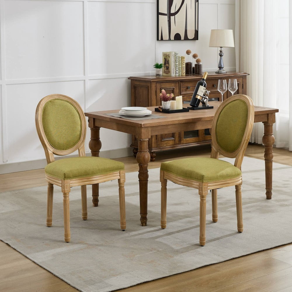 French Style Dining Chairs Set of 2, Solid Wood Upholstered Dining Room Chairs with Linen Fabric, Cushioned Backrest, Antique Finish, Olive Green