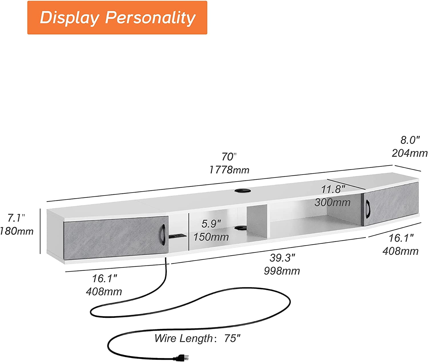 Fitueyes Blue Light Floating TV Stand Shelf, Wall Mounted Shelf With Storage Cabinet,Entertainment Center for 85 Inch TV