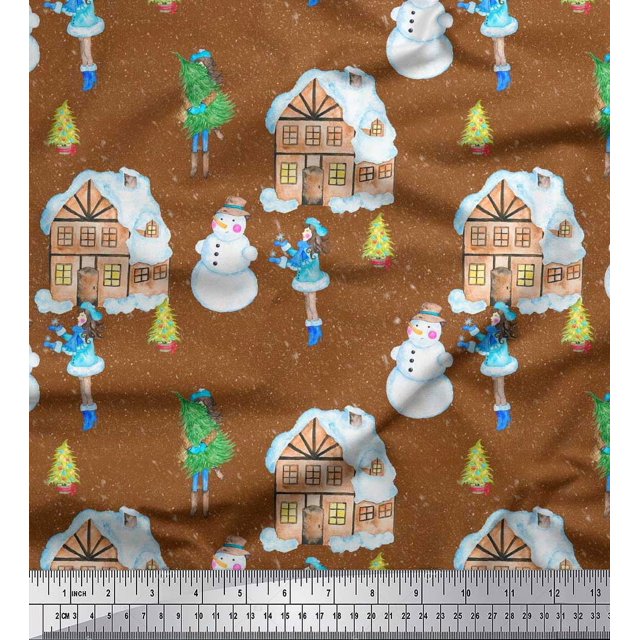 Soimoi Brown Rayon Fabric Snowman,House & Tree Christmas Printed Fabric 1 Yard 56 Inch Wide