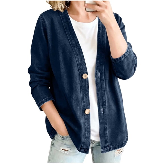 cocolona Womens Vintage Denim Cardigan Long Sleeve V Neck Button Jacket Dressy Casual Loose Outerwear