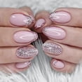 thumbnail image 1 of 24Pcs Almond Press on Nails Short, French Tip Fake Nails Glossy Pink Glitter False Nails with Glue Stickers, Oval Acrylic Full Cover Glue on Nails for, 1 of 5
