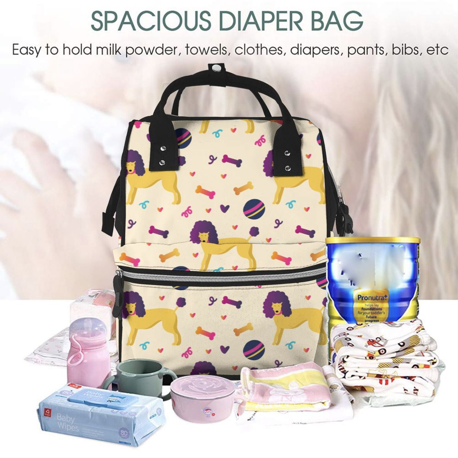 Fuzoiu Cartoon Poodle Dog Print Diaper Bag Backpack,Baby Essentials Travel Tote,Multi function Waterproof Diaper Bag, Travel Essentials Baby Bag - Unisex