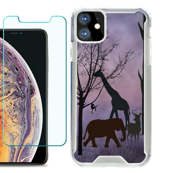 For Apple iPhone 11 Case, Hybrid Bumper Phone Case, with Tempered Glass Screen Protector, by OneToughShield ® - Twilight Safari