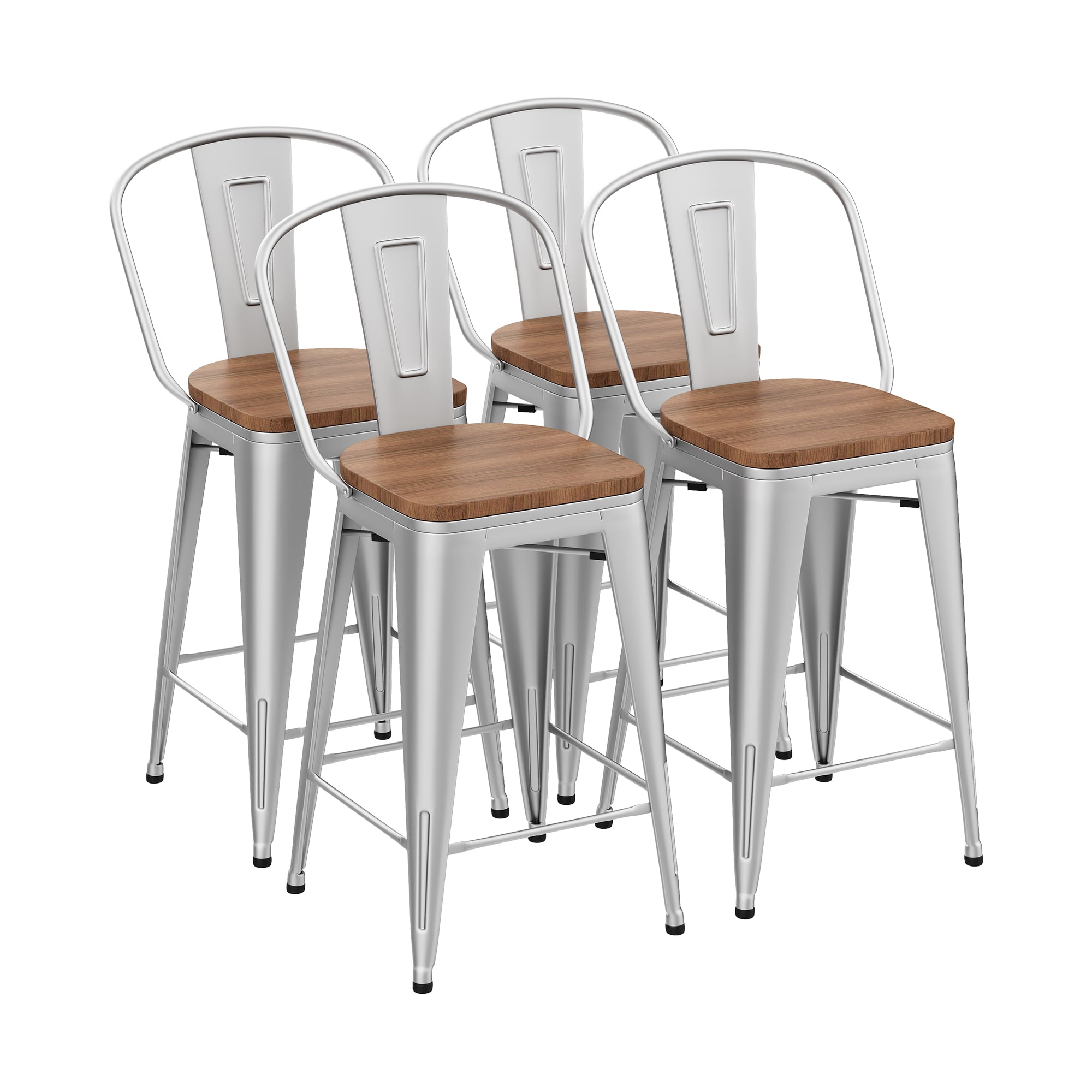 Andeworld Metal Bar Stools Set of 4 Counter Height Stools with Backs Counter Stools High Back Bar Chairs 30 Inch Silver