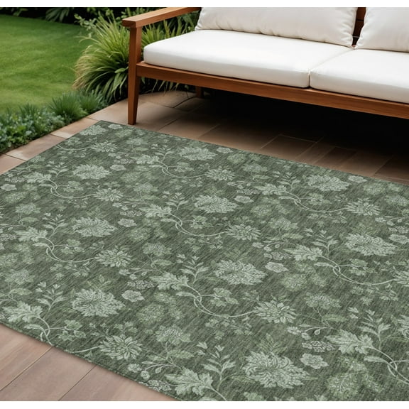 HomeRoots 581375 9 x 12 ft. Floral Washable Indoor & Outdoor Rectangle Area Rug, Olive Green & Artichoke Green