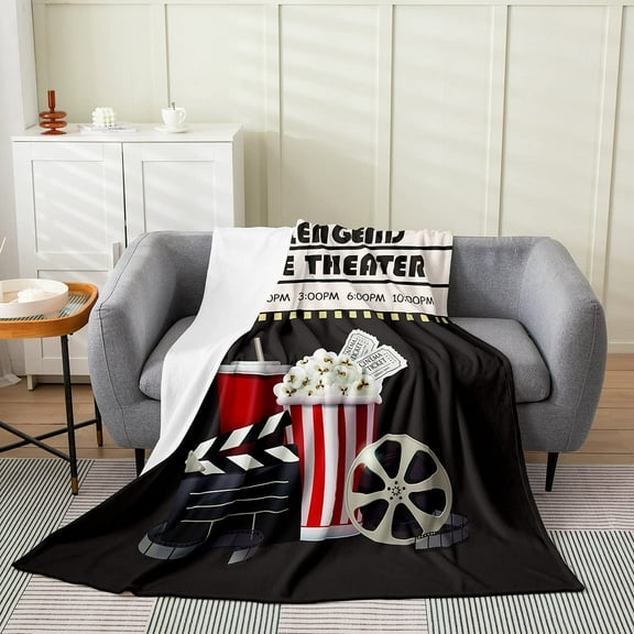 Vintage Cinema Ticket All SeasonBed Blanket Movie Theater Theme Plush Throw Blanket, Filmstrip Printed Home Decorative Fleece Flannel Blanket for Sofa Couch Bedroom Decor Throw 50"x60"