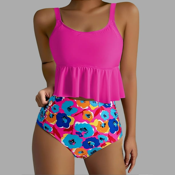 Traje de baño vintage estampado para mujer, traje de baño conservador, traje de baño de bikini con falda de playa estampada para mujer, traje de baño de nailon para mujer