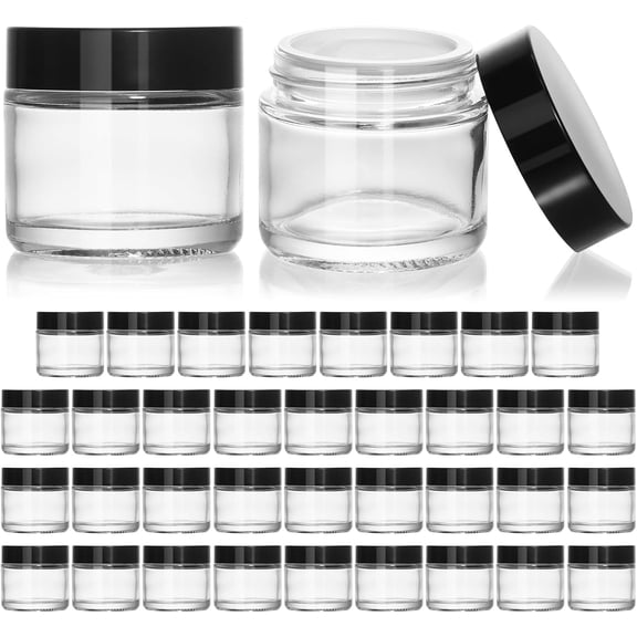 2oz Small Glass Jars with Black Lids, 35 Pack Clear Round Glass Cosmetic Jars with Inner Liners for Lotions, Powders and Ointments