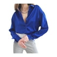 thumbnail image 1 of SAYOO Blusa de mujer  con adorno de plumas, manga larga, diseño de solapa, cierre de botones, camisa informal holgada SAYOO  S M L, 1 of 7