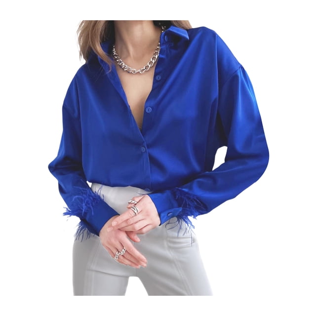 SAYOO Blusa de mujer con adorno de plumas, manga larga, diseño de solapa, cierre de botones, camisa informal holgada SAYOO S M L