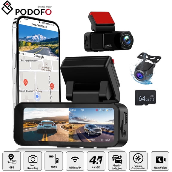 Podofo 4K Dash Cam Front and Rear Full HD Dash Camera for Cars, Free 64GB Card, Built-in GPS/WiFi, 3.16" IPS Screen Dashcam Support App Control, G-Sensor, Night Vision, 24H Parking Mode
