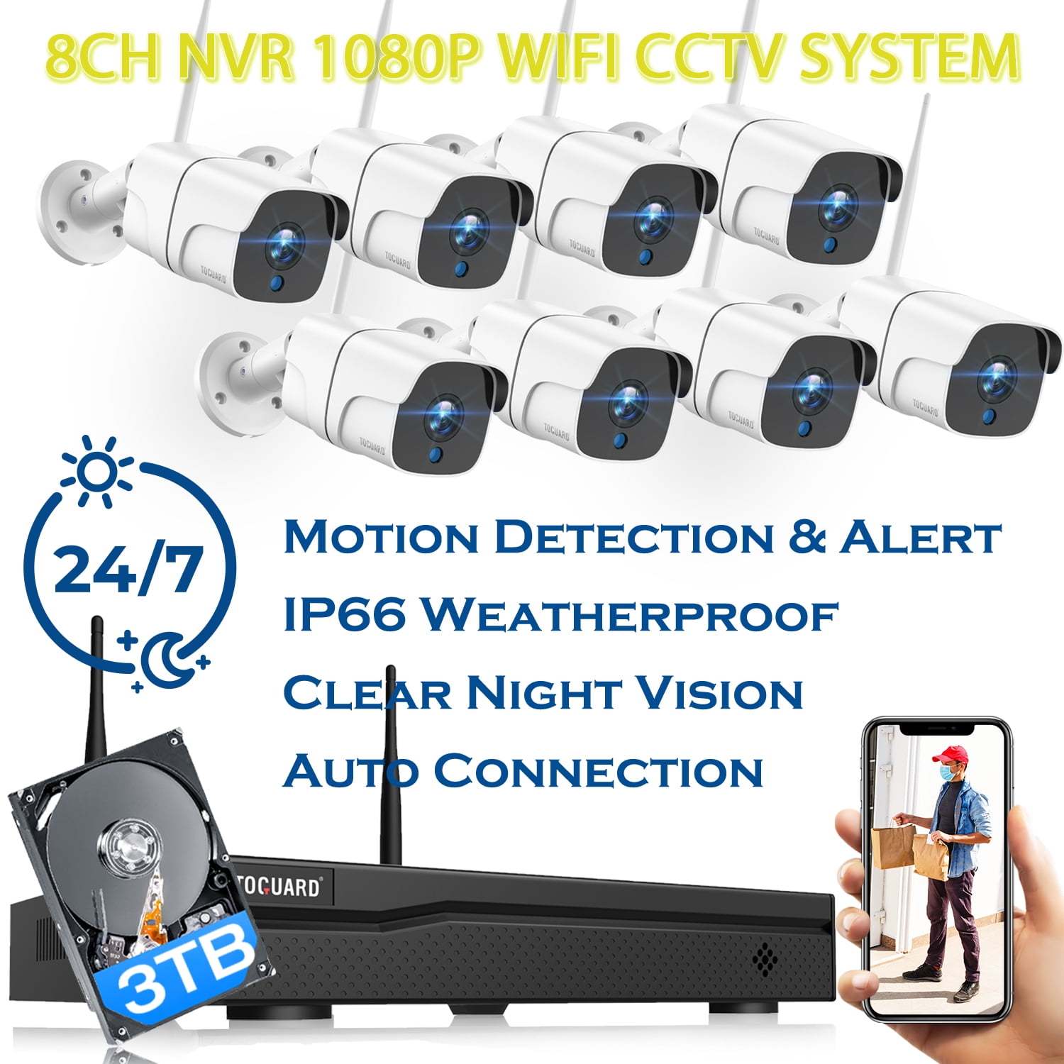 Toguard W300 8CH CCTV WiFi Security Camera System Outdoor with 3TB Hard