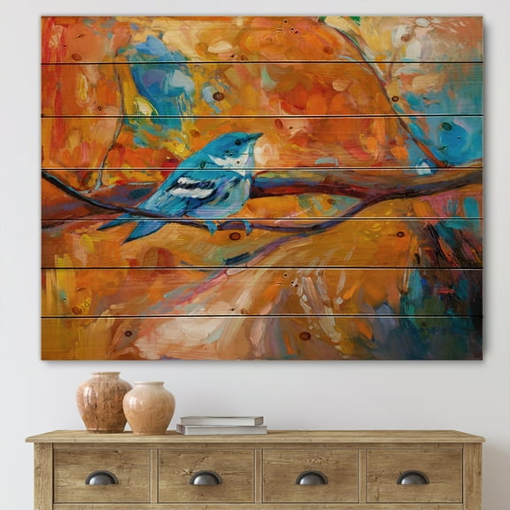Designart 'Blue Cerulean Warbler Bird Sitting On A Branch' Traditional Print on Natural Pine Wood