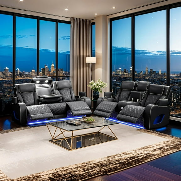 Fortuner Modern 2PC Livingroom Set Made with Faux Leather & Wood in Black