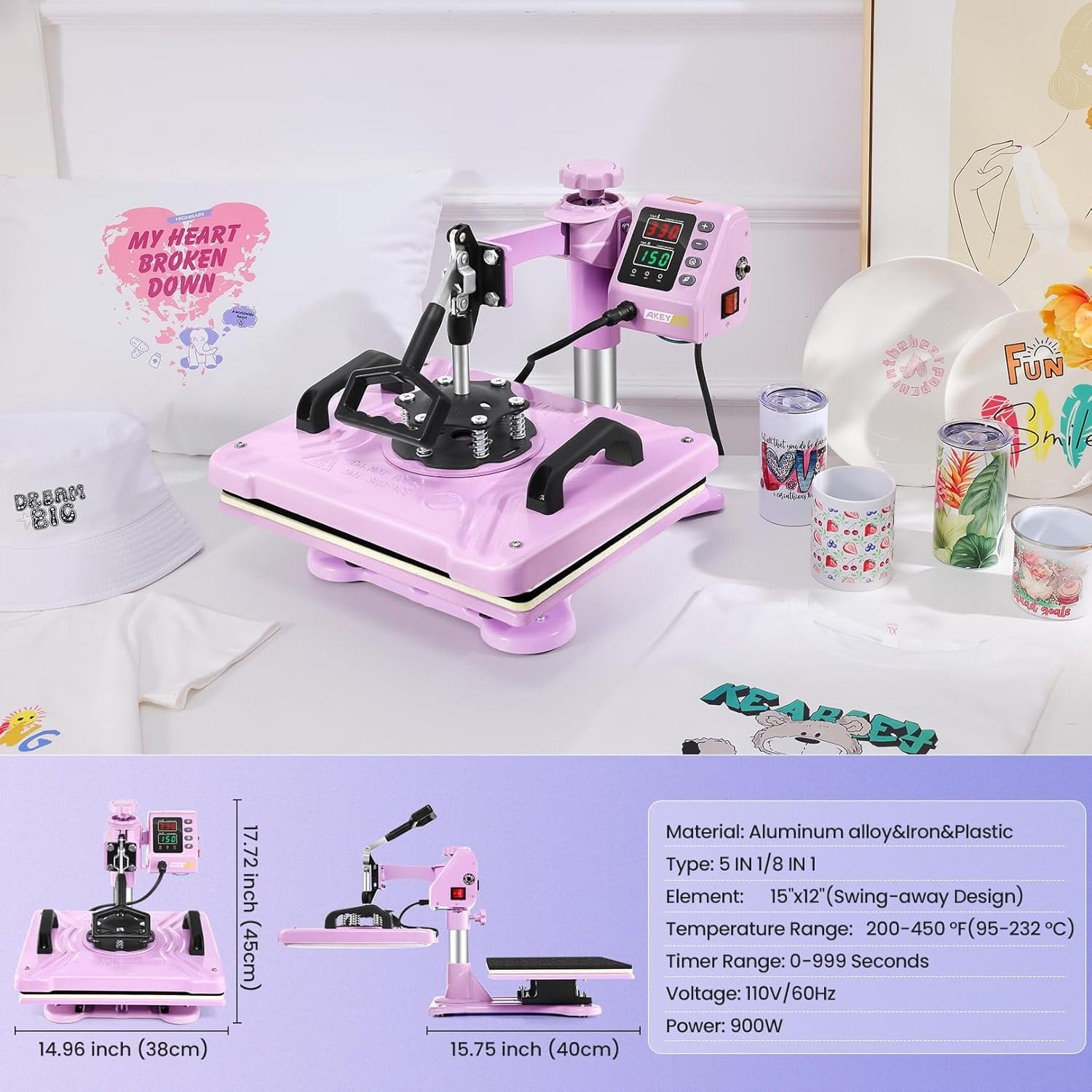 Adnoom 5 in 1 Heat Press Machine Combo,360°Swing Away Sublimation Heat Transfer 15"x12", Digital shirt Press Machine for Hat Cap Mug Plate,Pink Purple