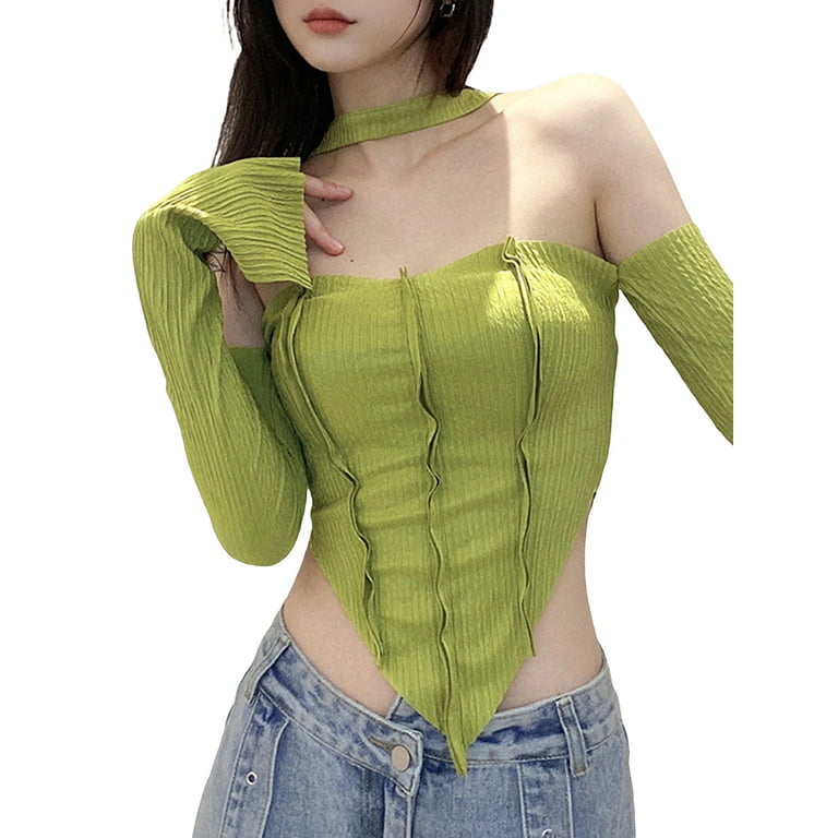 Women Green Off Shoulder Ruched Crop Top