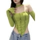 thumbnail image 2 of Lucakuins - Camiseta corta con hombros descubiertos para mujer, manga larga, color sólido, halter, dobladillo irregular Lucakuins  moda, 2 of 9