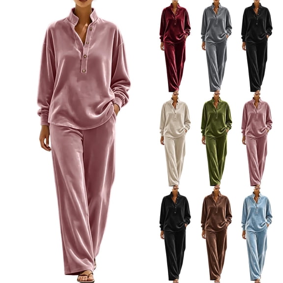 Brnmyaeo Women's Velour Tracksuit Set Mock Neck Velvet Loungewear Outfit Henley Button Pullover Loose Fit Wide Leg Lounge Pants Fall 2 Piece Sets