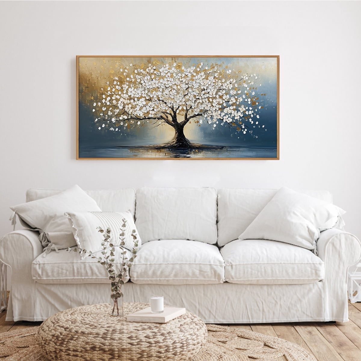 TOARTi Tree of Life Canvas Wall Art White and Gold Leaf Framed Painting Modern Abstract Big Tree Prints for Living Room Bedroom Office 20x40 Inch
