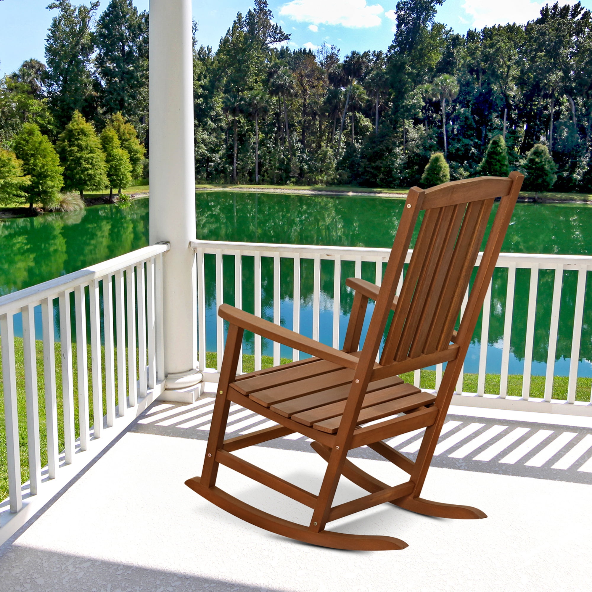 Furinno TIOMAN Outdoor Rocking Chair, Patio Chair, Outdoor Porch Chair, with High Back Rest, Armrest, for Patio, Garden, Backyard, Light Wood