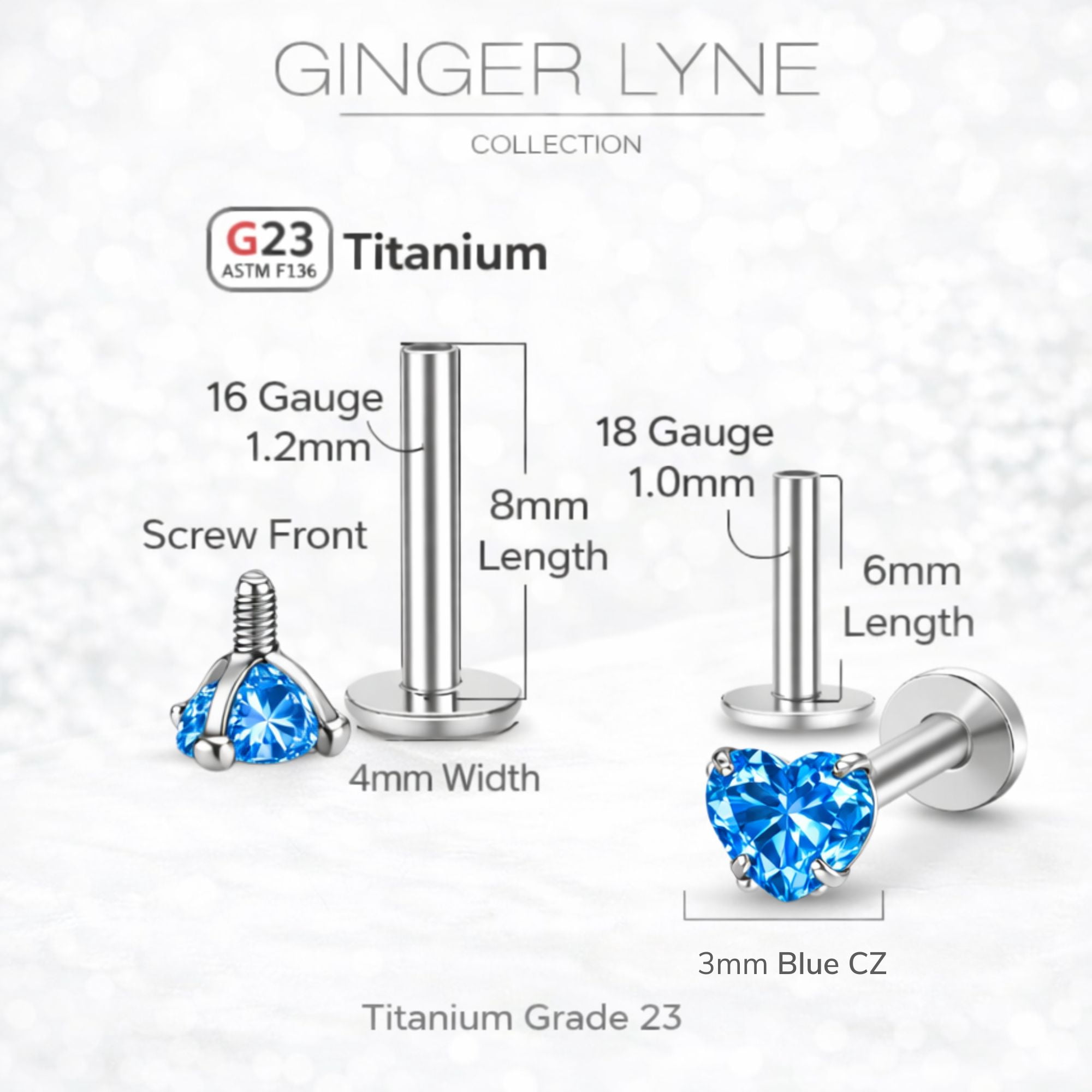 Small Heart CZ Solitaire Flat Back Stud Earrings Titanium Body Piercings by Ginger Lyne 2 Sets Post 6mm 8mm