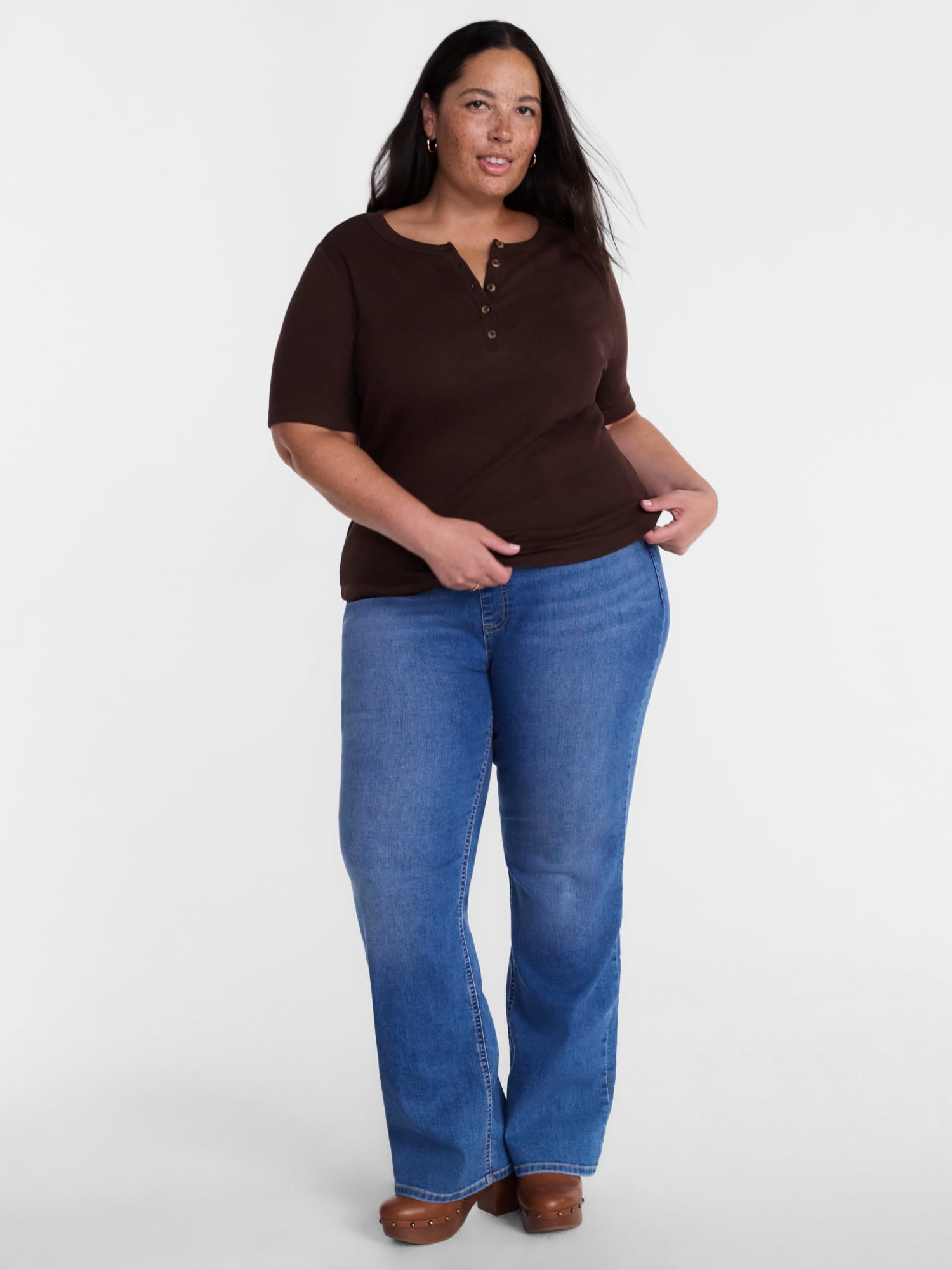 Terra & Sky Women's Plus Ribbed Henley Top with Short Sleeves, Sizes 0X-5X