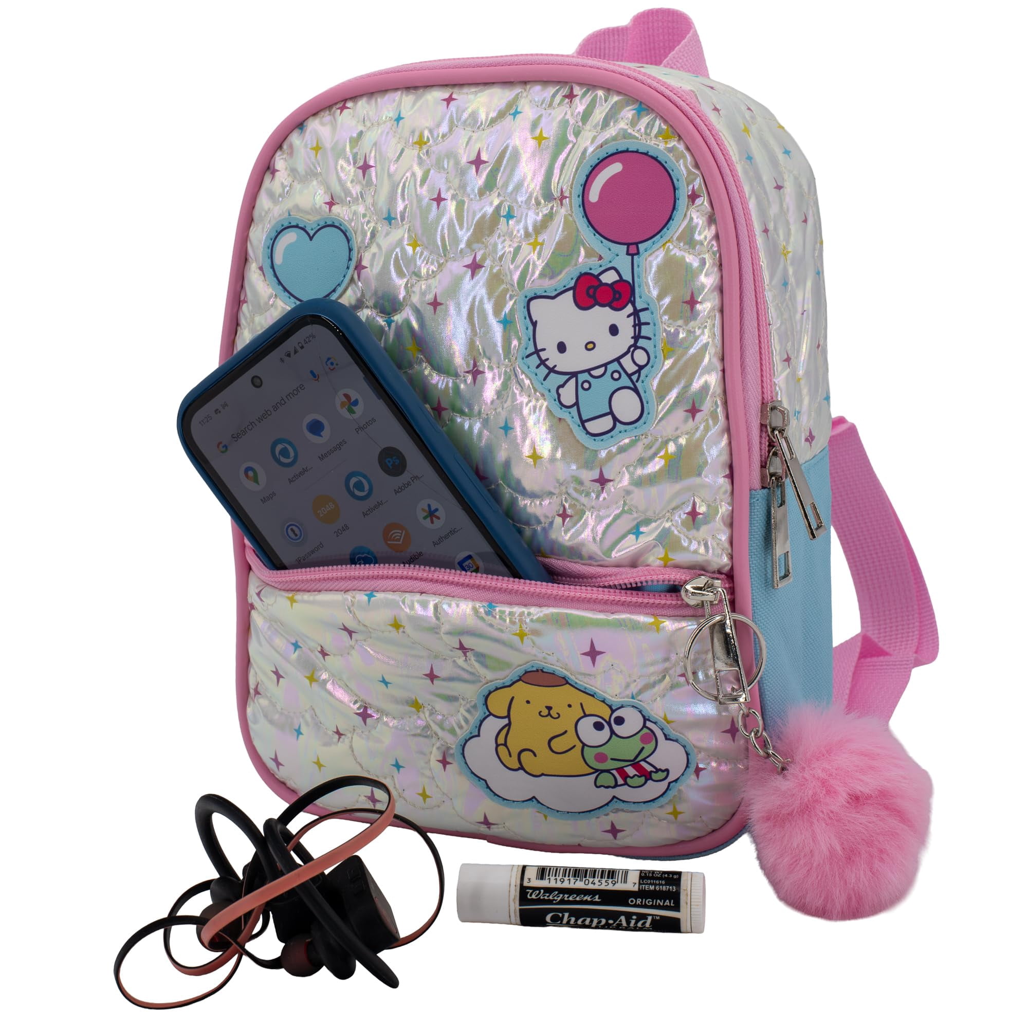 Hello Kitty & Friends 9” Micro Mini Backpack Purse Featuring Sanrio Character Patches, Quilting & Pompom Dangle, Iridescent
