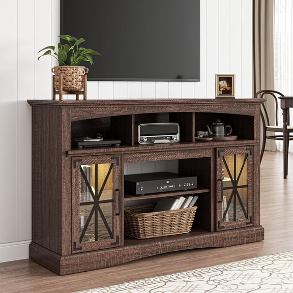 SUNVIVI 55'' Farmhouse TV Stand, Retro TV Console with Glass Doors & LED Lights, Media Entertainment Center Table with Adjustable Shelves for 23'' Fireplace, Suitable for Living Room, Brown
