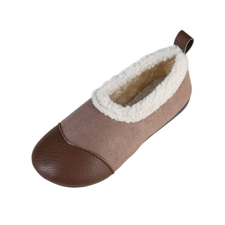 

SEMIMAY Ladies Fashion Solid Color Suede Leather Panel Warm Plush Flat Sole Casual Shoes