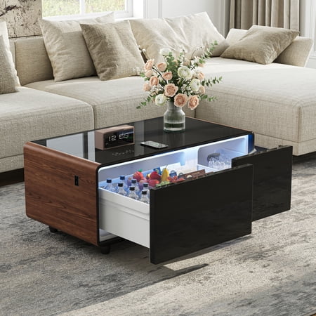 41" Smart Coffee Table with 93L Fridge & Freezer, Bluetooth Speaker, Touch Control, 15W Wireless Charging, USB Ports, LED Light, Living Room Furniture (Brown)