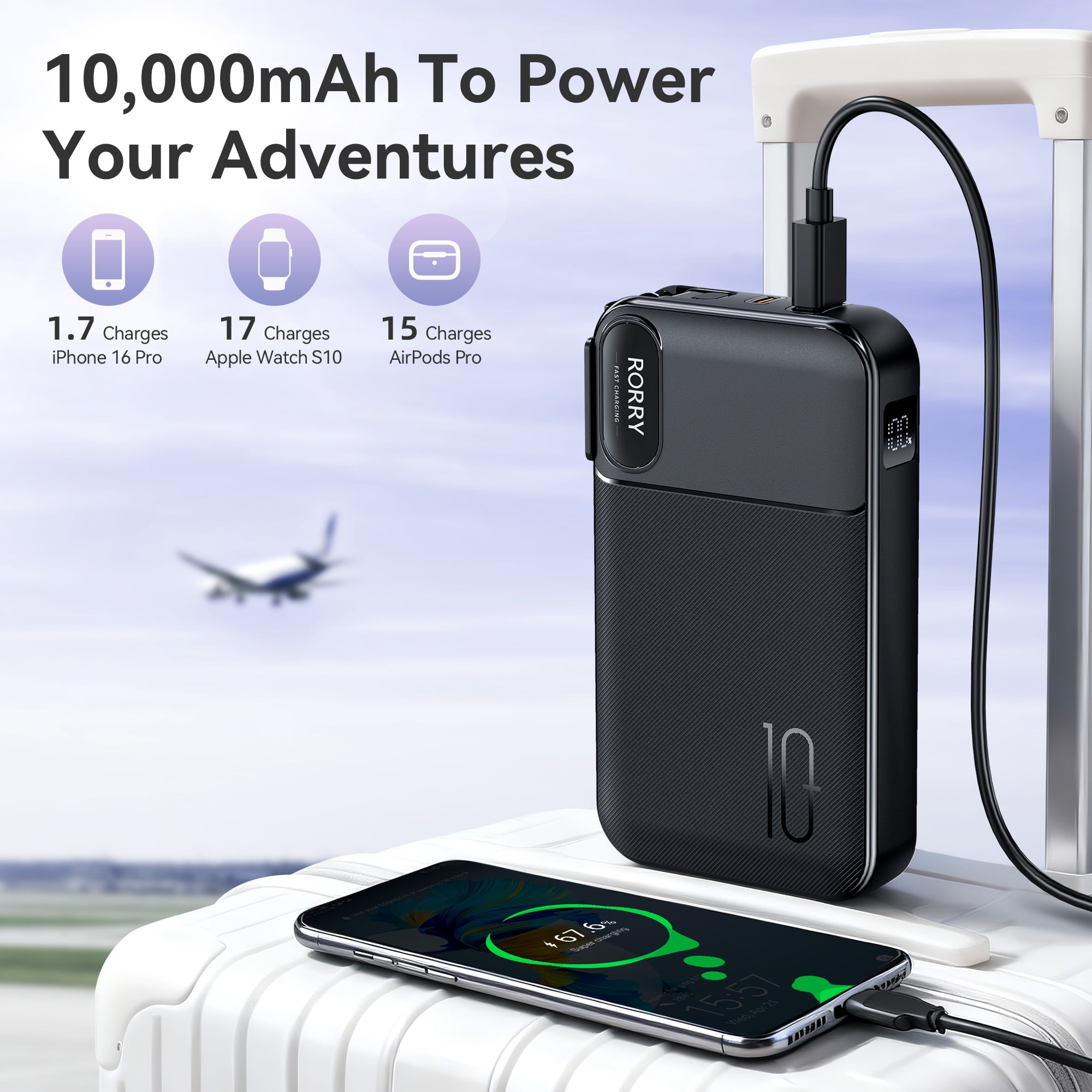 RORRY Portable Charger with Built-in Cables 10000mAh and AC Wall Plug , 22.5W Fast Charging Power Bank for iPhone 17/16/15, Samsung Galaxy , Pixel, iPad – Green