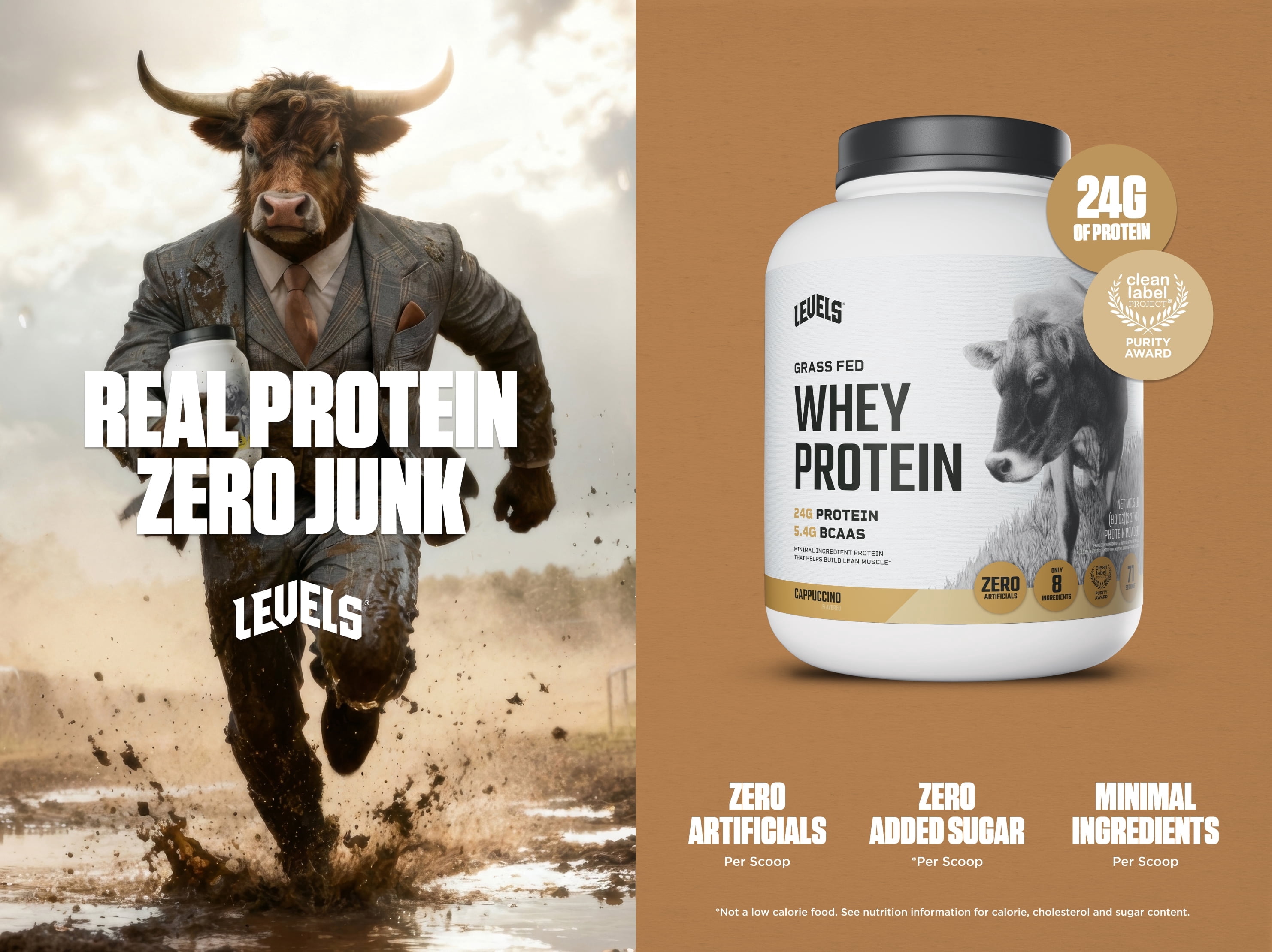Levels Grass Fed Whey Protein Powder, No Artificials, 24G of Protein, Cappuccino, 5LB