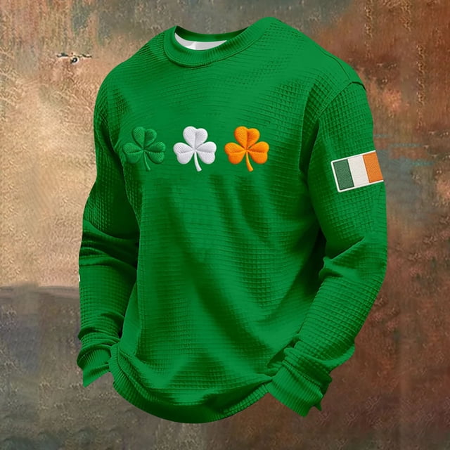 Ceisia Men's St. Patrick's Day Vintage Four-Leaf Clover Crewneck | Waffle Knit Relaxed Long-Sleeve Casual Top Gift
