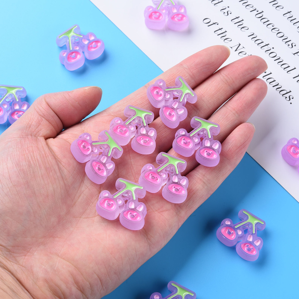 Transparent Acrylic Beads with Enamel Frosted Cherry with Bear Rabbit Plum 22.5x26x9mm Hole: 3mm