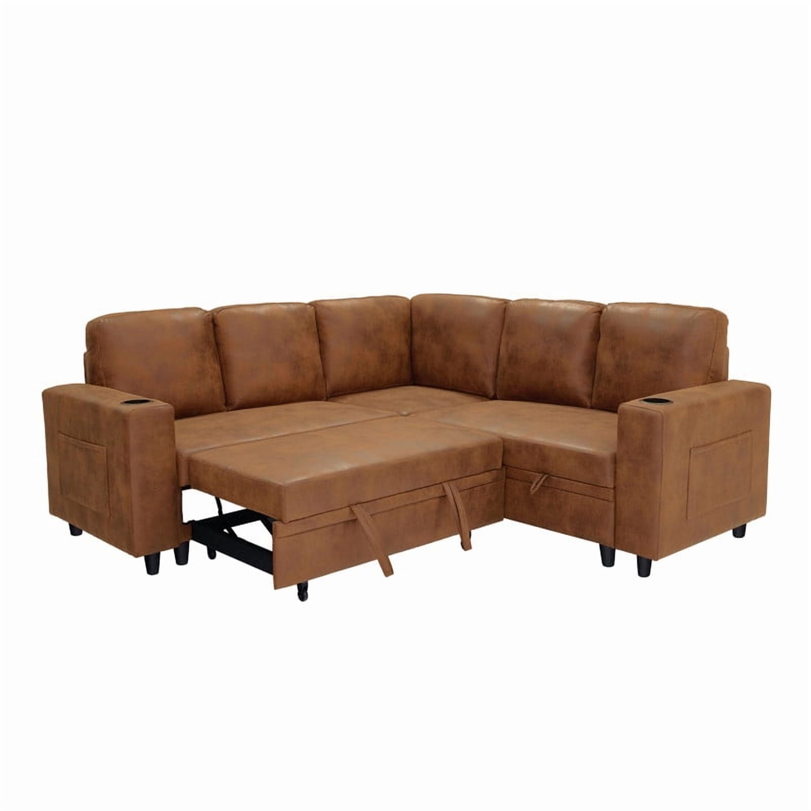 L-Shape Sectional Sofa with Pull-Out Sleeper Bed, Storage Chaise, Cup Holders & Side Pockets, Convertible Corner Sofa Couch for Living Room, Apartment & Guest Room