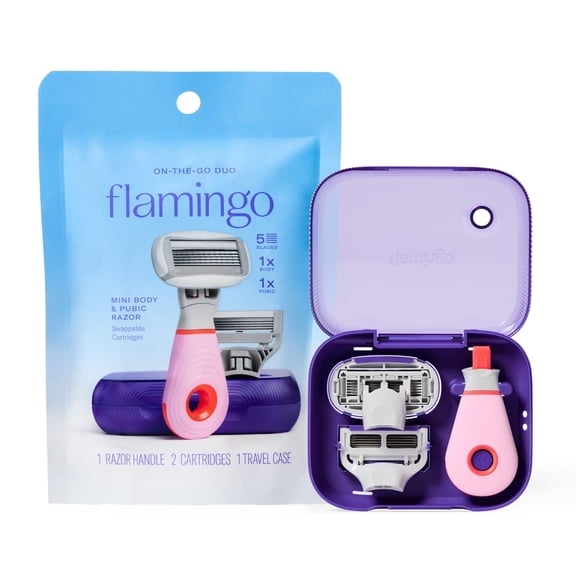 Flamingo Travel Women's Razor Kit with TSA Approved Mini Handle, 2 Blade Cartridges, and Vented Case