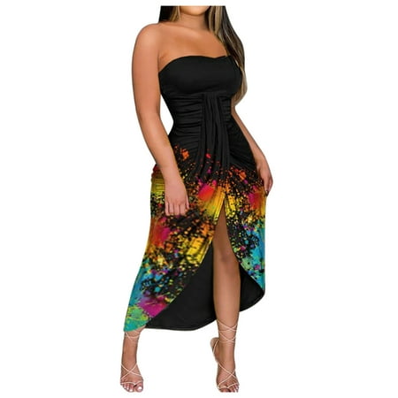 

jsaierl Women s Summer Print Strapless Long Dress Beach Split Dress Party Club Dresses for women 2023