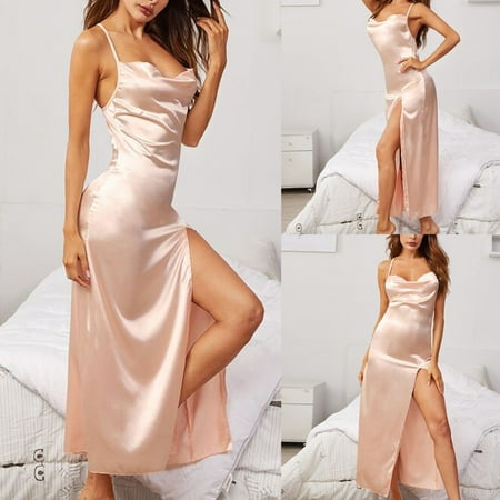 

XIAOFFENN Nightgown Ladies Sleepwear Lightweight Big Backless Underwear Satin Skin-Friendly Suspender Dress 8 Beige