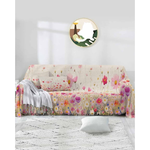 Red Pink Floral Sofa Covers for 3 Cushion Couch,Washable Sectional & L Shape Couch Covers for Dog/Cat/Kid,Vintage Pastoral Wild Flower Beige Non Slip Sofa Slipcover Tassel Futon Cover 71''x150''