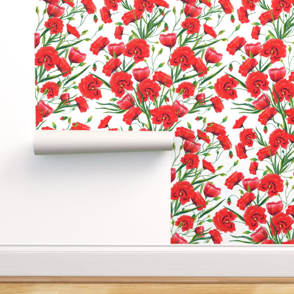 Peel & Stick Wallpaper Swatch - Vintage Floral Botanical Watercolor Poppies  Spring Flowers Red Poppy Custom Removable Wallpaper by Spoonflower -  